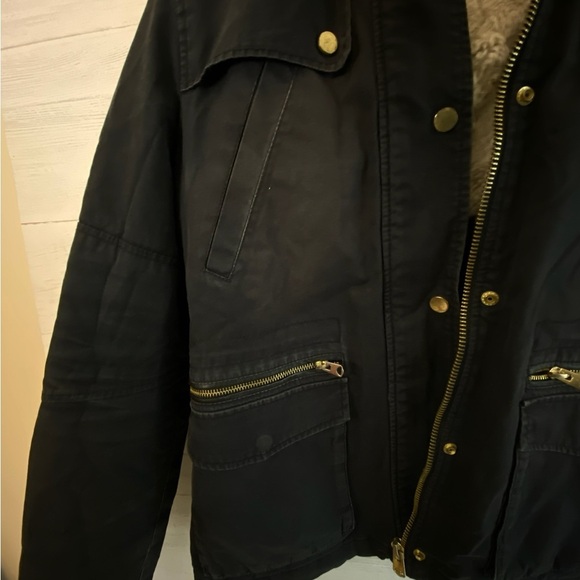 TOP SHOP Women Black Cotton Hooded Parka Jacket Sz 14 Faux Fur Lined Gold Zipper - Picture 8 of 13